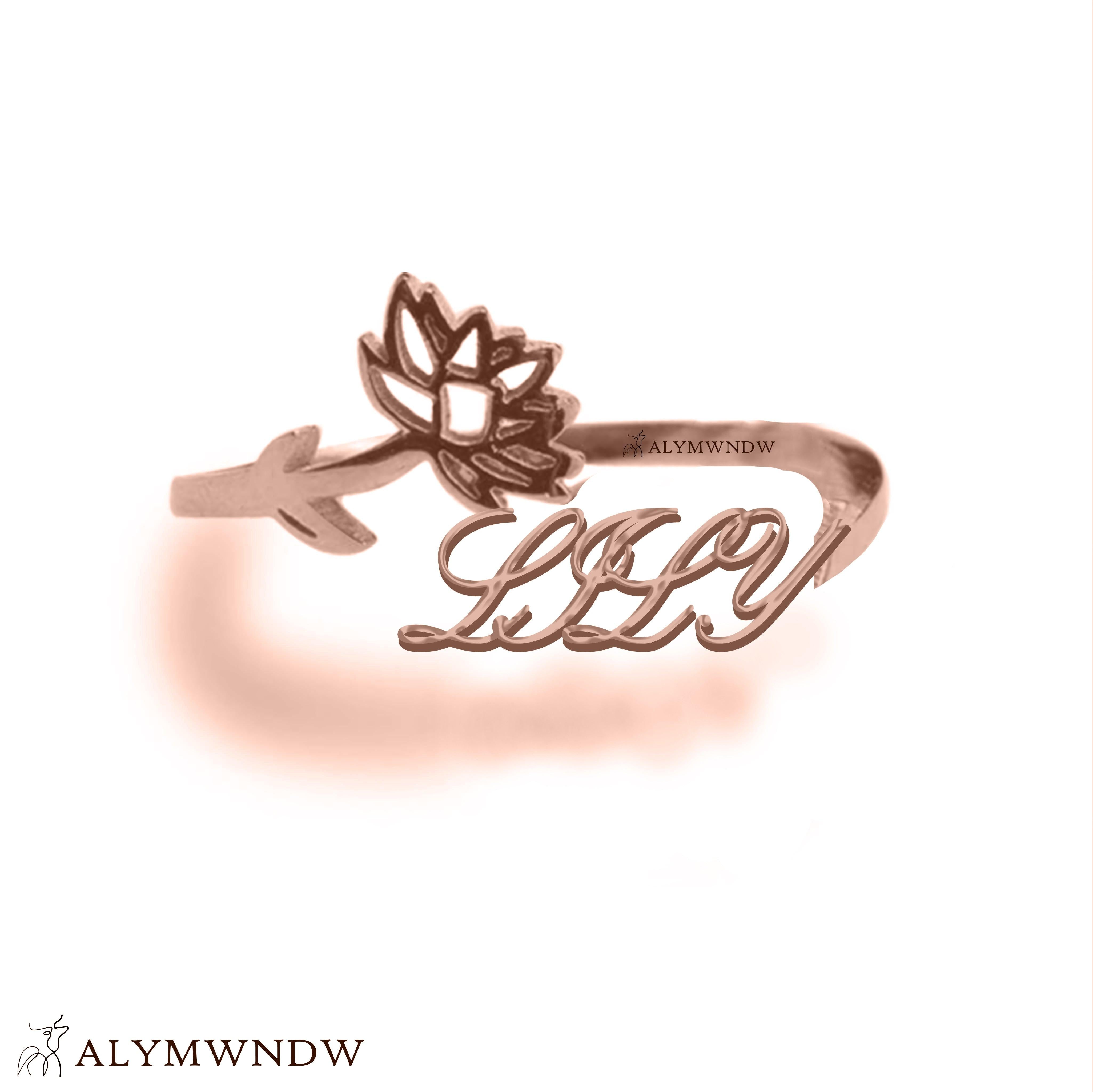 Custom Name Ring with Flower in Gold (18K/21K/22K) – Personalized Floral Ring - Alymwndw
