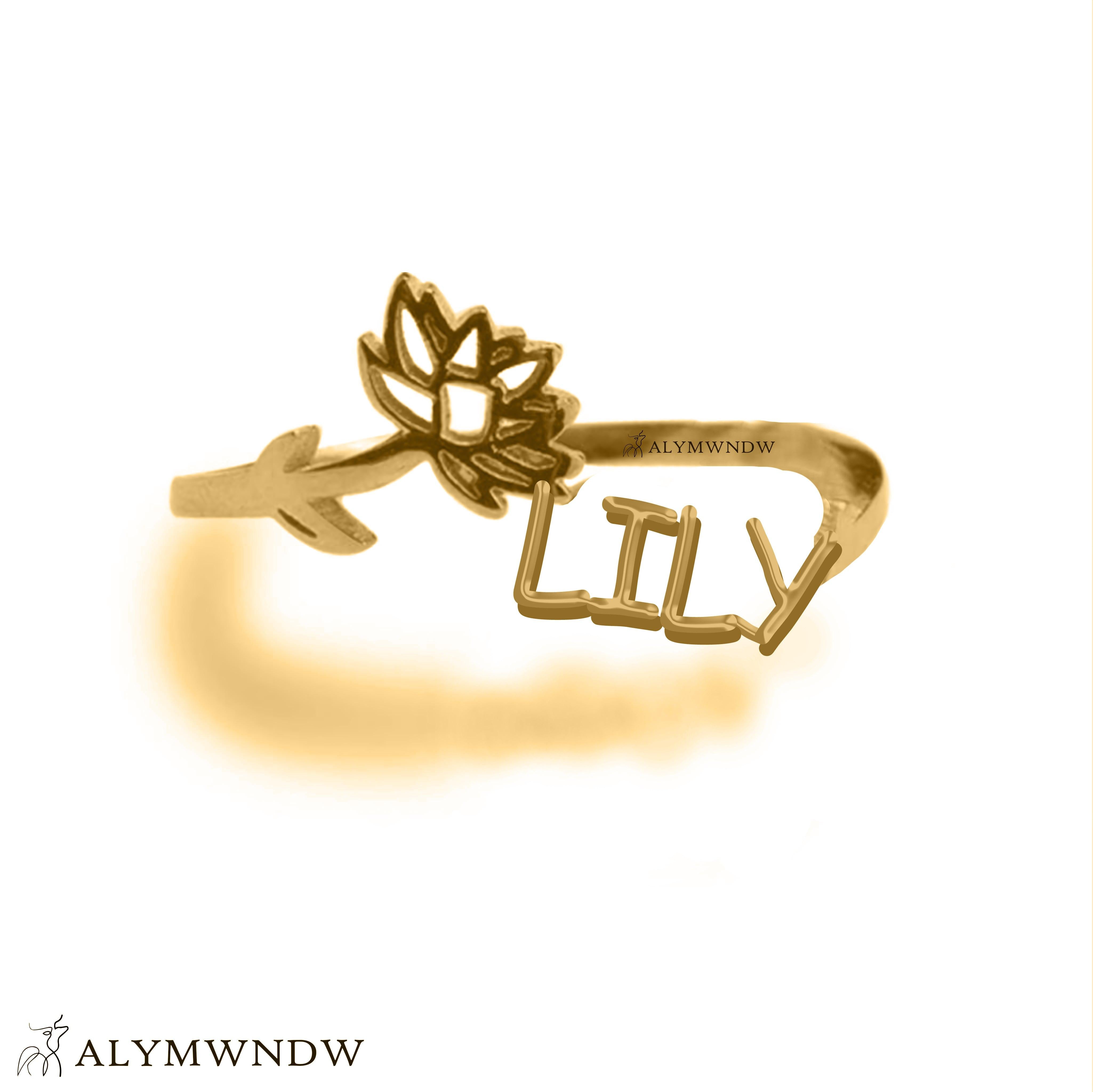 Custom Name Ring with Flower in Gold (18K/21K/22K) – Personalized Floral Ring - Alymwndw