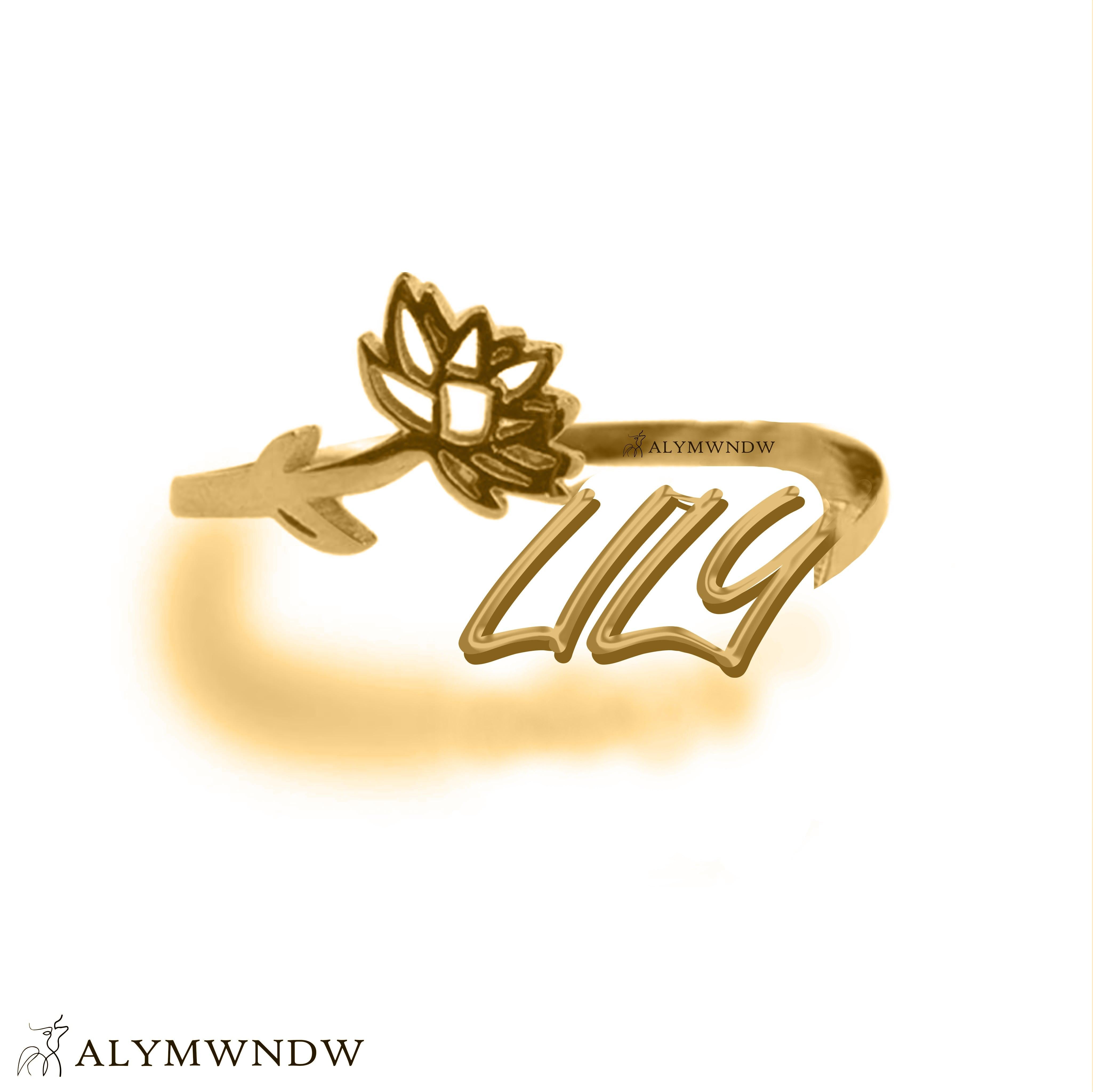 Custom Name Ring with Flower in Gold (18K/21K/22K) – Personalized Floral Ring - Alymwndw