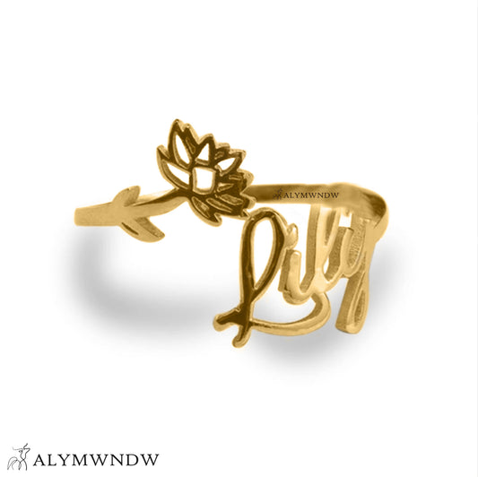 Custom Name Ring with Flower in Gold (18K/21K/22K) – Personalized Floral Ring - Alymwndw