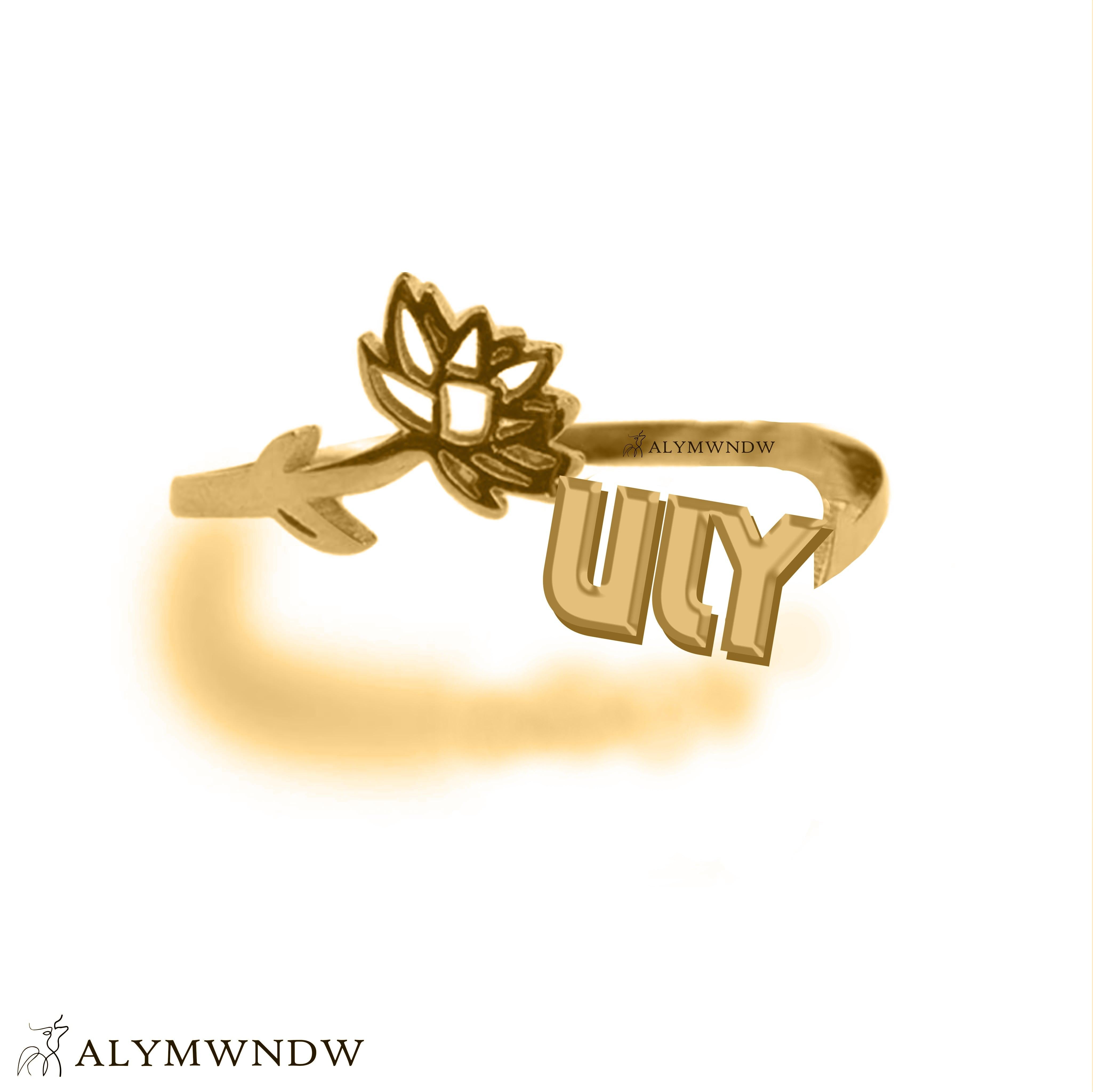 Custom Name Ring with Flower in Gold (18K/21K/22K) – Personalized Floral Ring - Alymwndw