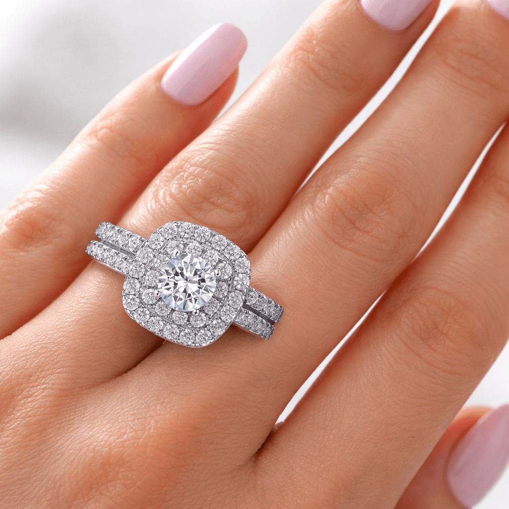 Double Halo Moissanite Engagement Ring – Silver / 18K Gold / Platinum - Alymwndw