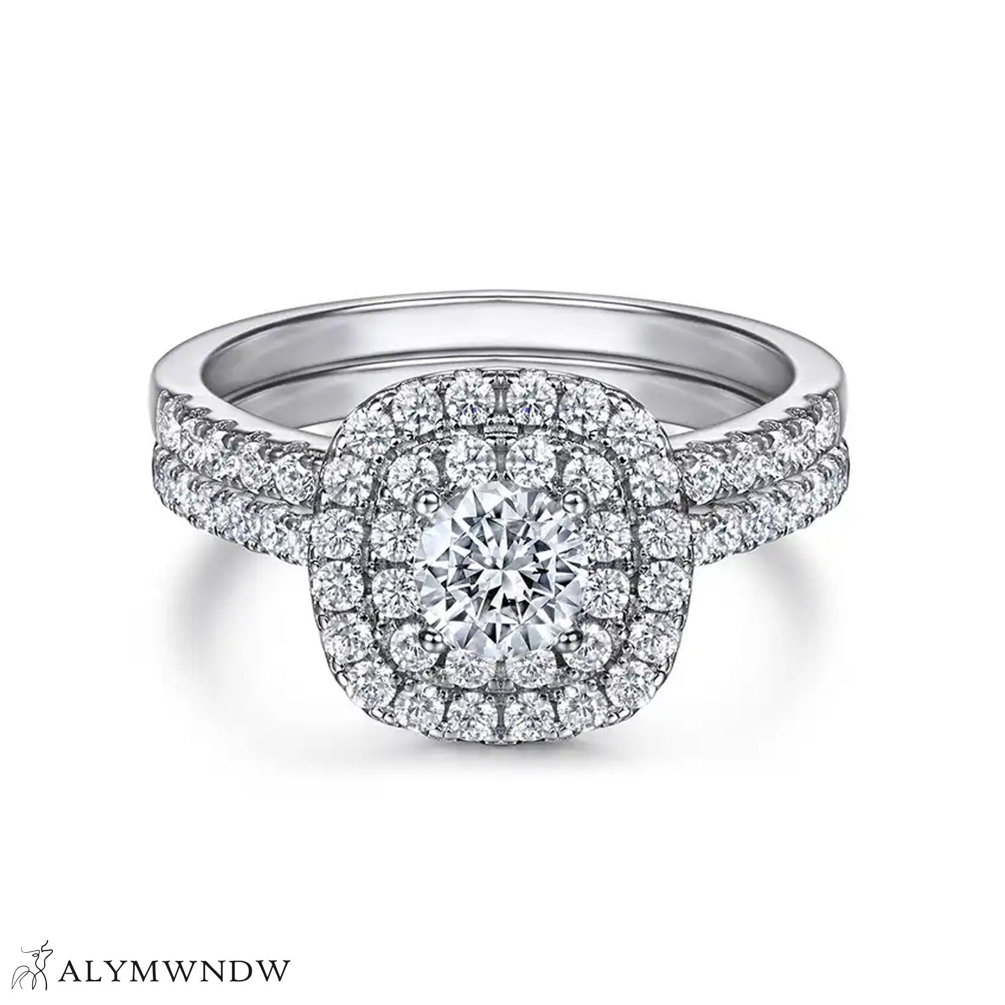 Double Halo Moissanite Engagement Ring – Silver / 18K Gold / Platinum - Alymwndw