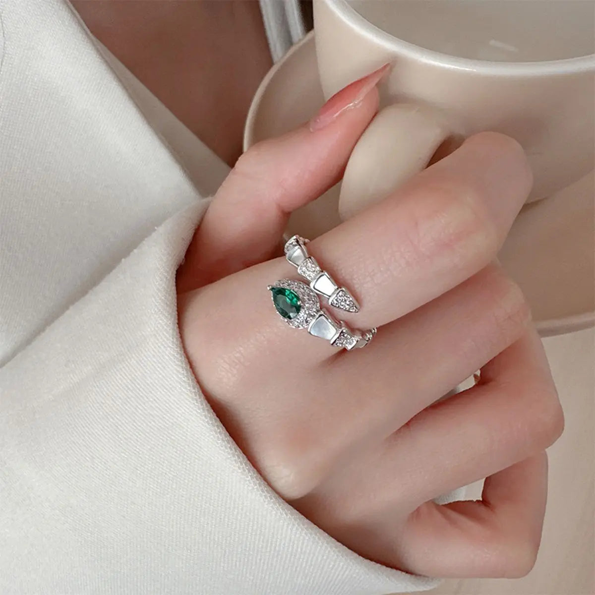 Serpent Elegance Ring – Adjustable 925 Silver with Green Cubic Zirconia