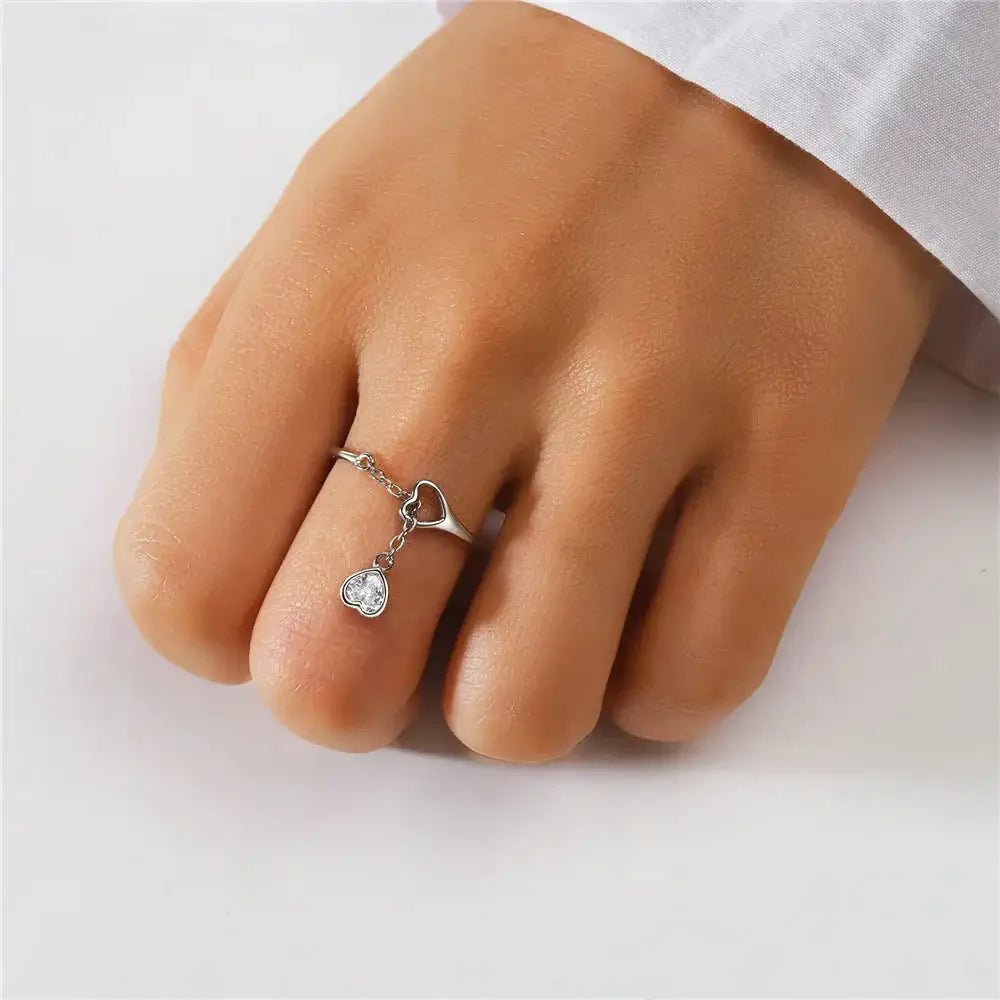 Duo Heart Dangle Chain Ring – 925 Silver with Sparkling CZ Charms - Alymwndw