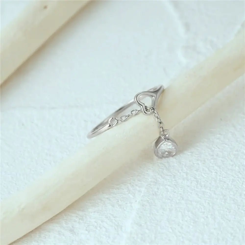 Duo Heart Dangle Chain Ring – 925 Silver with Sparkling CZ Charms - Alymwndw
