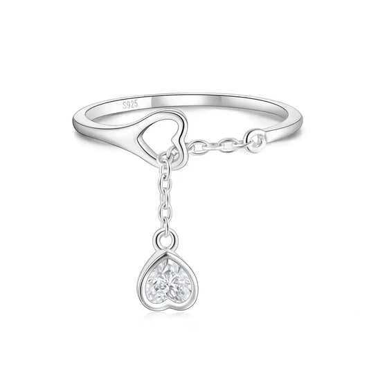 Duo Heart Dangle Chain Ring – 925 Silver with Sparkling CZ Charms - Alymwndw