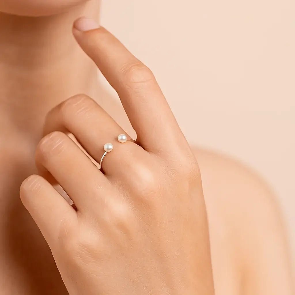 Duo Pearl Open Ring – 925 Silver with Freshwater Pearls - Alymwndw