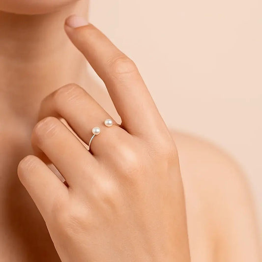 Duo Pearl Open Ring – 925 Silver with Freshwater Pearls - Alymwndw