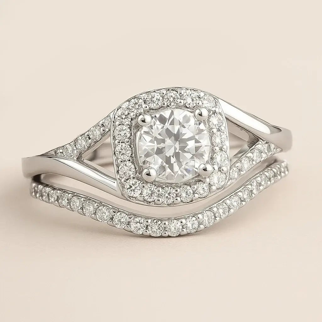 Elegant 925 Silver Halo Engagement Ring Set - Alymwndw