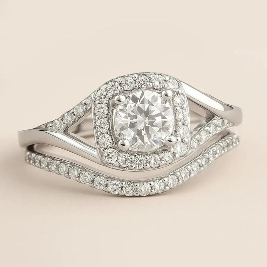 Elegant 925 Silver Halo Engagement Ring Set - Alymwndw