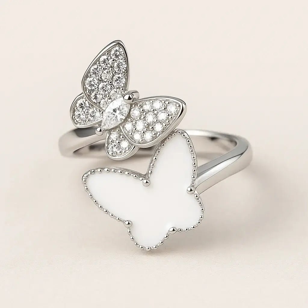 Elegant Double Butterfly Silver Ring with White Enamel and Cubic Zirconia - Alymwndw