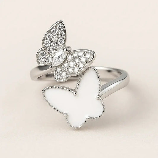 Elegant Double Butterfly Silver Ring with White Enamel and Cubic Zirconia - Alymwndw