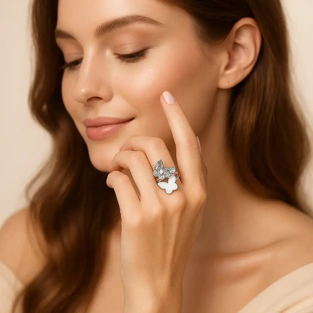 Elegant Double Butterfly Silver Ring with White Enamel and Cubic Zirconia - Alymwndw