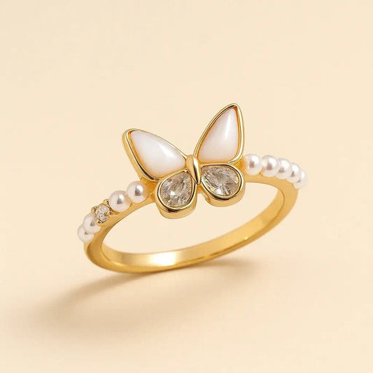 Elegant Gold - Plated Butterfly Ring with Pearls and Crystals - Alymwndw