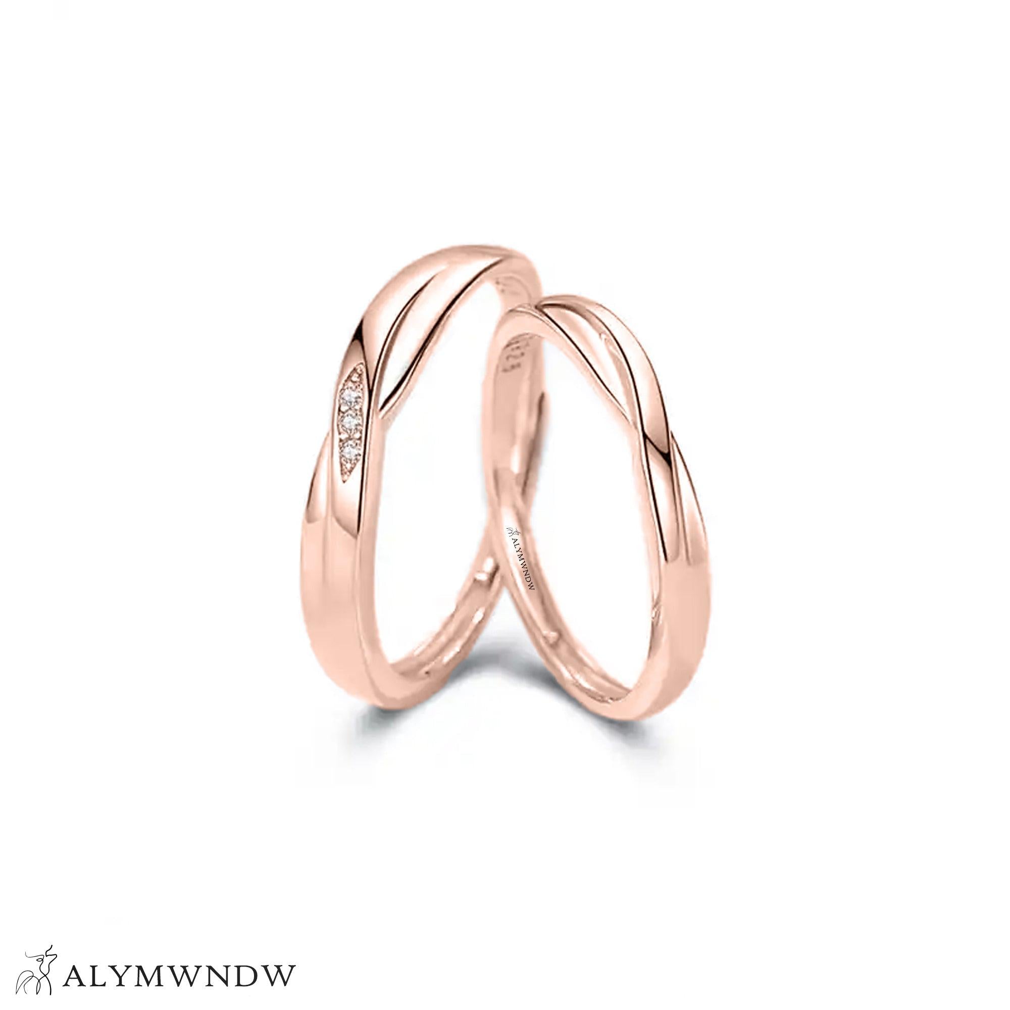 Elegant Wave Couple Rings with Diamond Accent – Gold, Silver & Rose Gold - Alymwndw