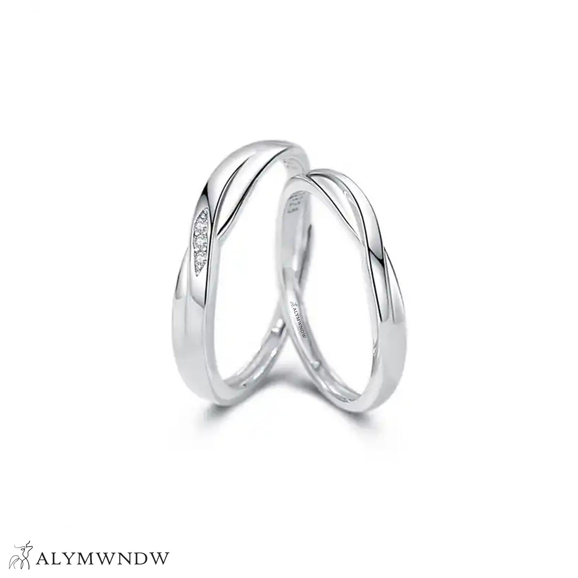 Elegant Wave Couple Rings with Diamond Accent – Gold, Silver & Rose Gold - Alymwndw