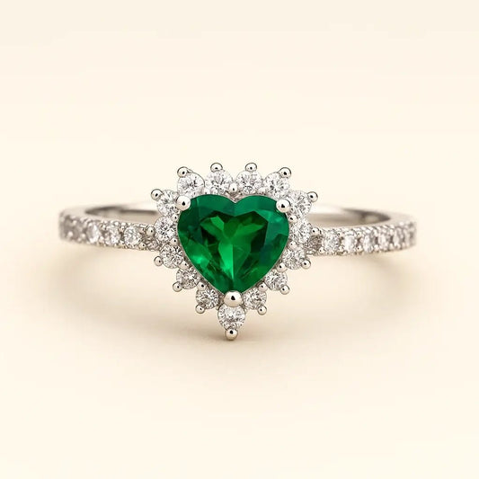 Emerald Heart Halo Ring - 925 Sterling Silver Ring - Alymwndw
