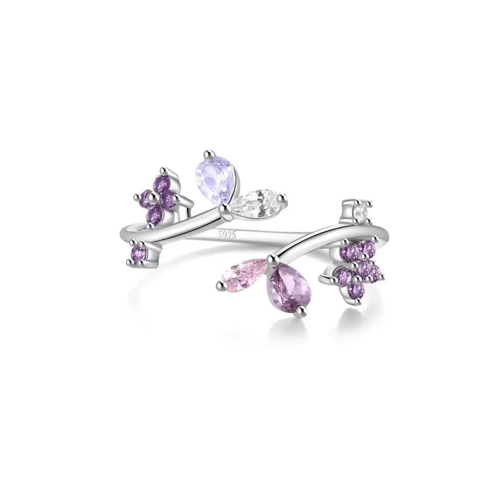 Floral Leaf Adjustable Ring – 925 Silver with CZ Accents - Alymwndw
