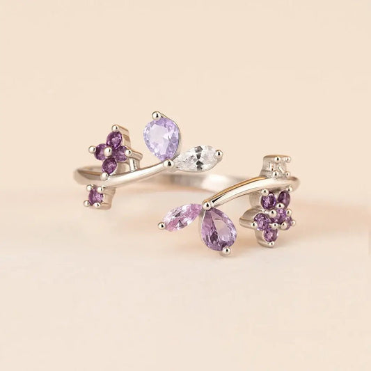 Floral Leaf Adjustable Ring – 925 Silver with CZ Accents - Alymwndw