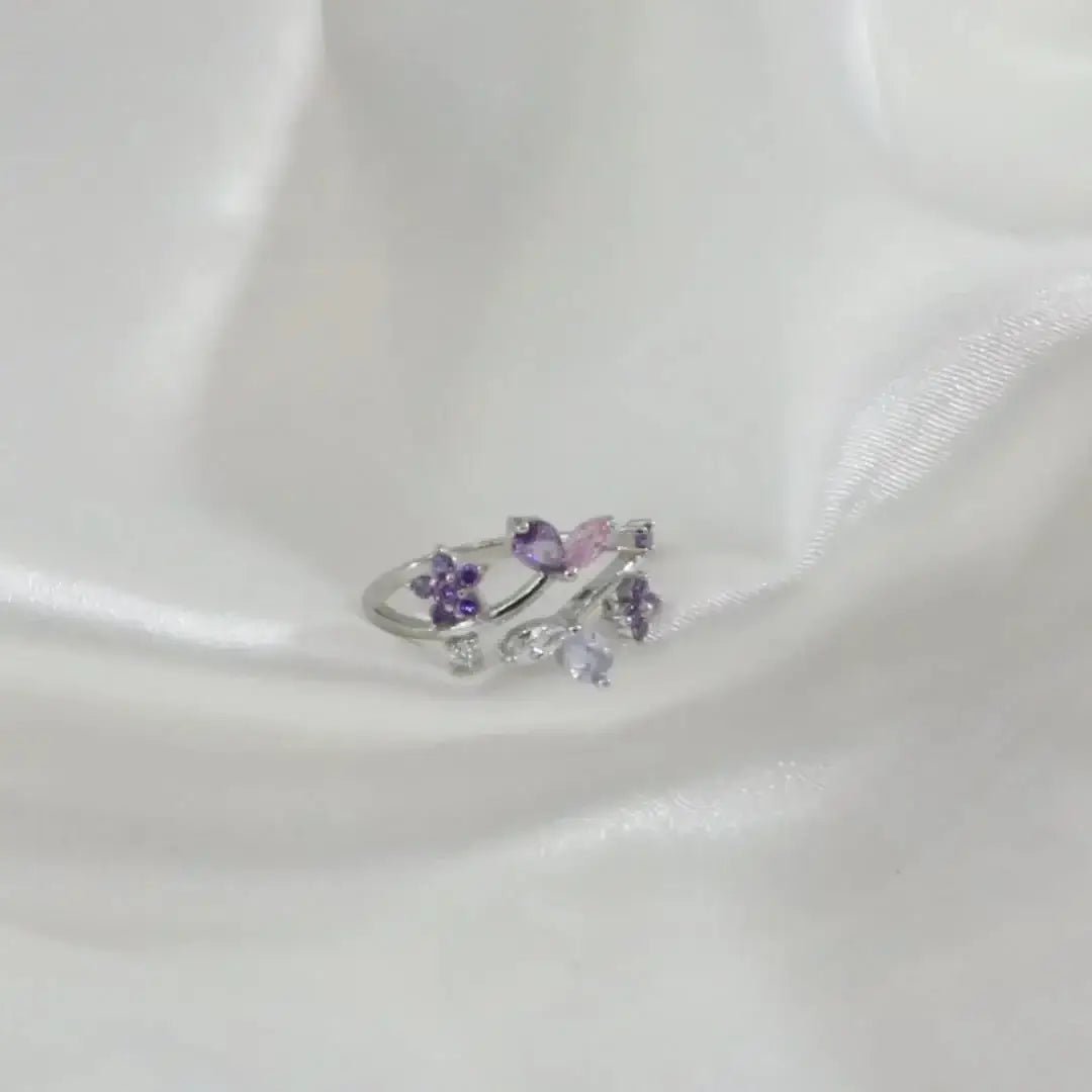 Floral Leaf Adjustable Ring – 925 Silver with CZ Accents - Alymwndw