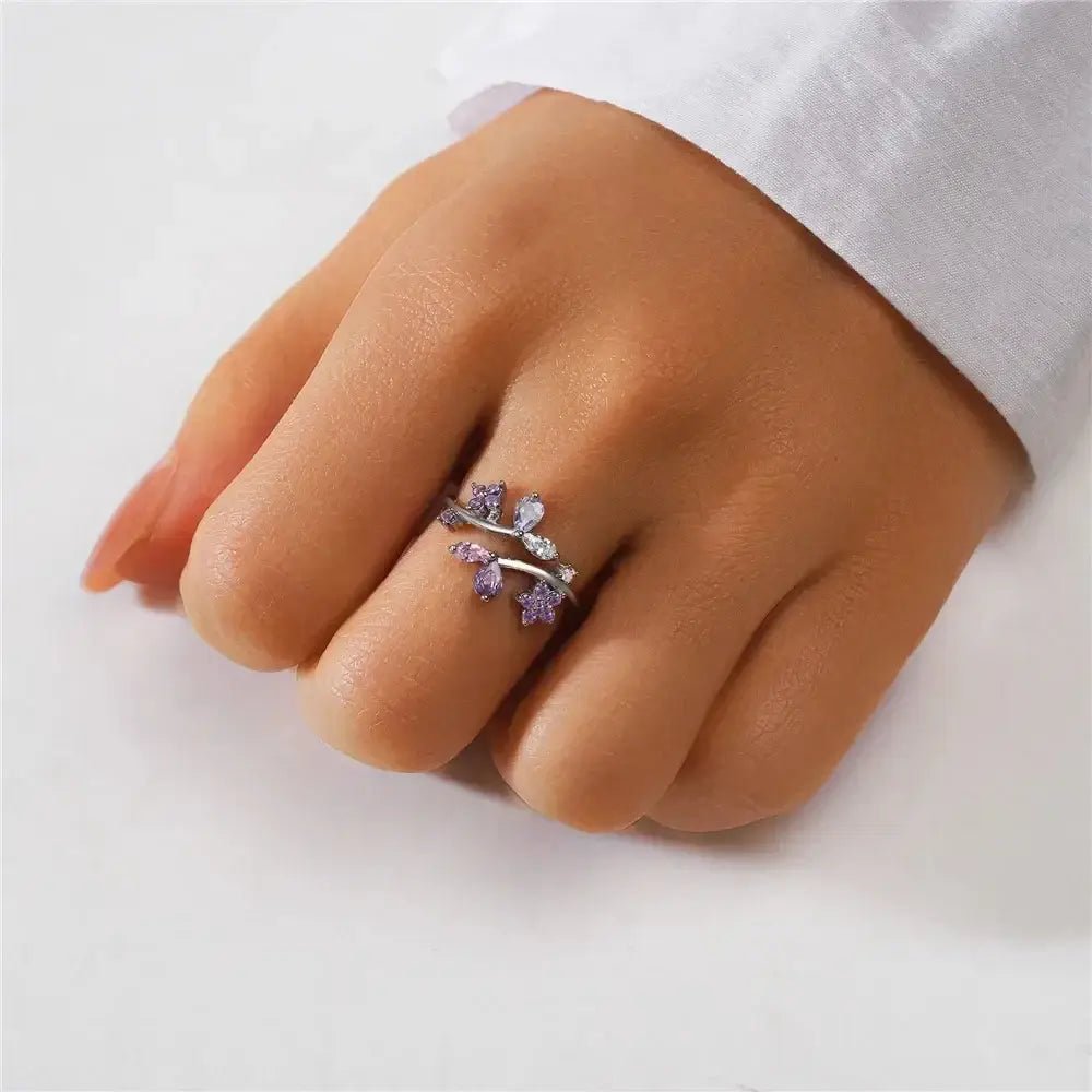 Floral Leaf Adjustable Ring – 925 Silver with CZ Accents - Alymwndw