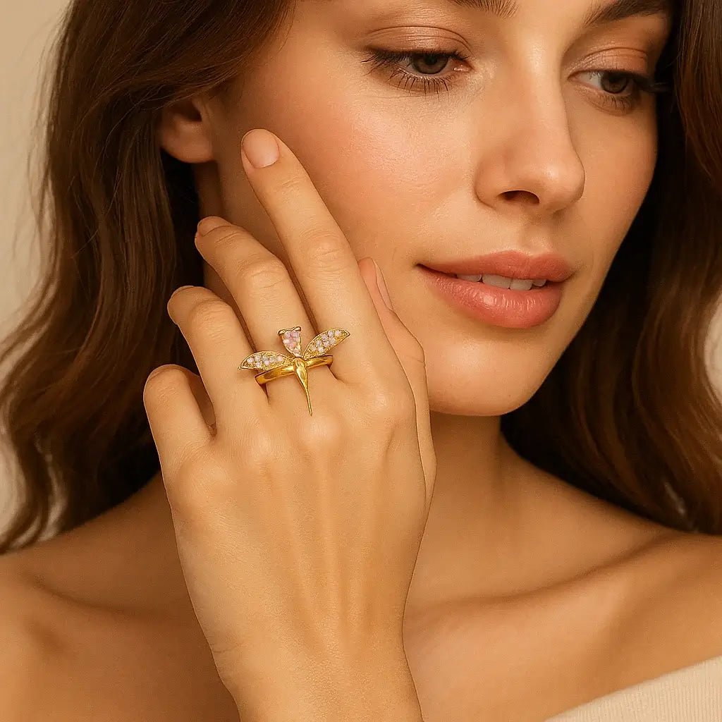 Gold - Plated Butterfly Ring with Pink Gemstone – 925 Silver - Alymwndw