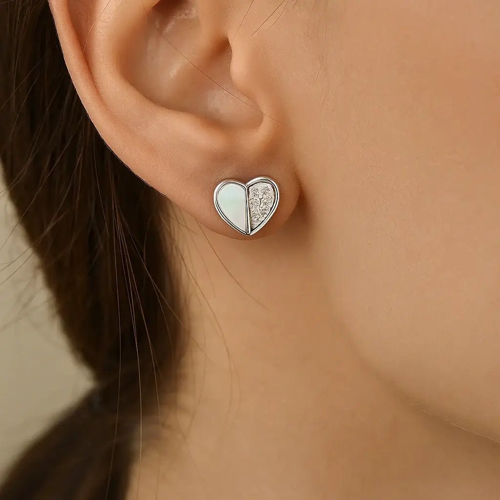 Heart - Shaped Stud Earrings with Mother‑of‑Pearl & Zirconia – 925 Silver, Rhodium Finish - Alymwndw