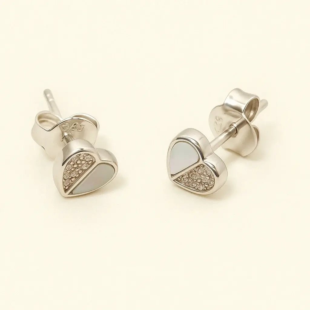 Heart - Shaped Stud Earrings with Mother‑of‑Pearl & Zirconia – 925 Silver, Rhodium Finish - Alymwndw