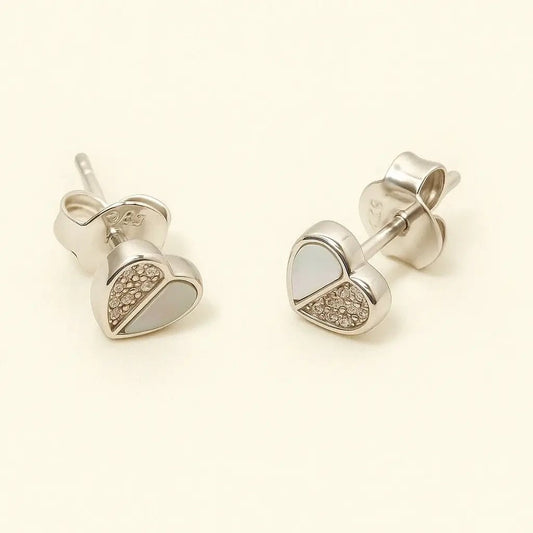 Heart - Shaped Stud Earrings with Mother‑of‑Pearl & Zirconia – 925 Silver, Rhodium Finish - Alymwndw