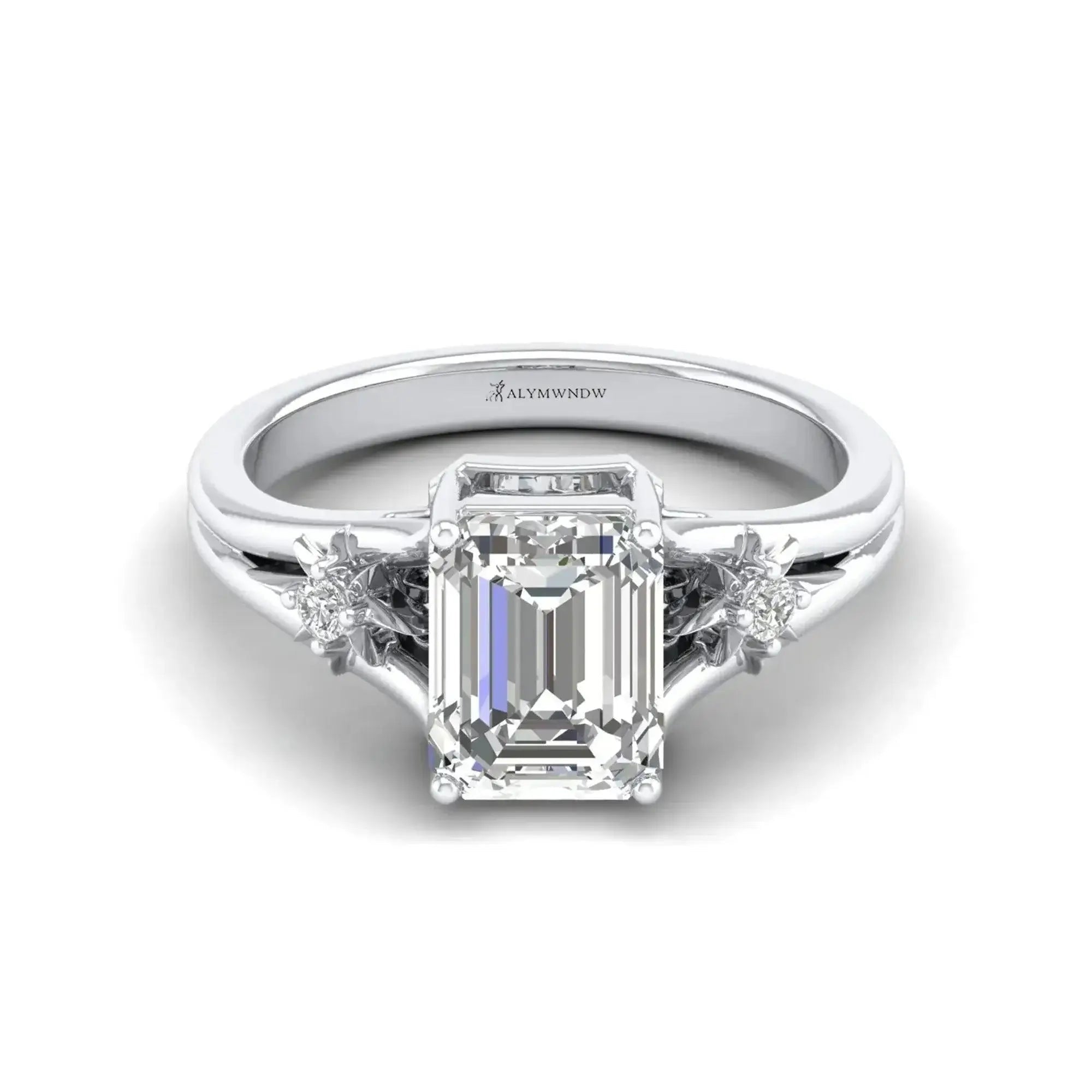 Lab grown diamond engagement ring featuring an emerald cut diamond, set in 18K white gold or platinum.
