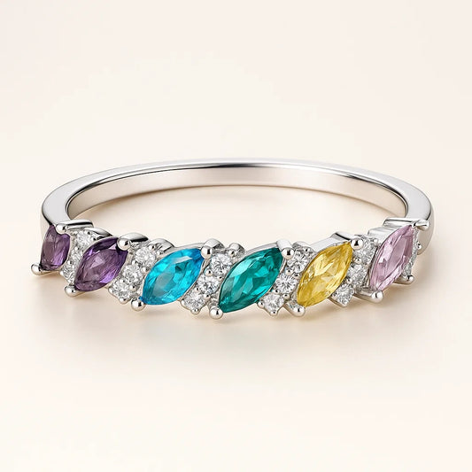 A colorful 925 sterling silver ring with a cascade of marquise-cut gems in purple, blue, teal, and yellow, with cubic zirconia accents.