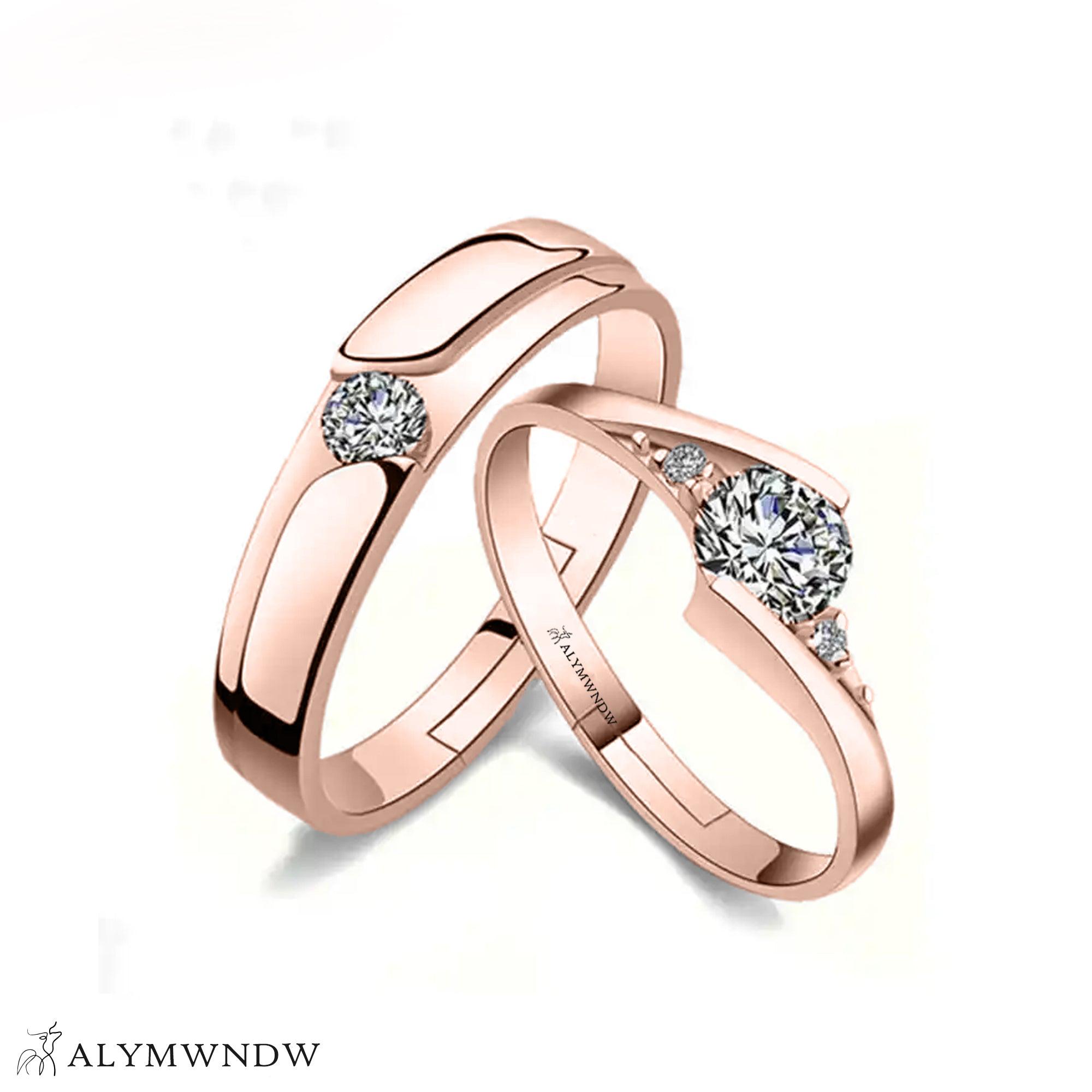 Luxury Couple Rings with Center Stone – Gold, Silver & Rose Gold - Alymwndw