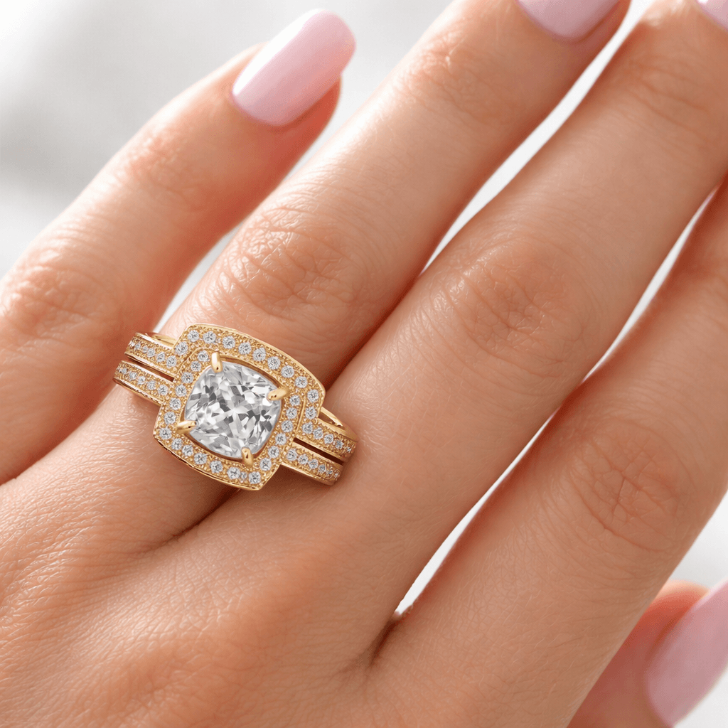 Luxury Double Halo Moissanite Ring Set – Silver, 18K Gold & Platinum Engagement Ring - Alymwndw