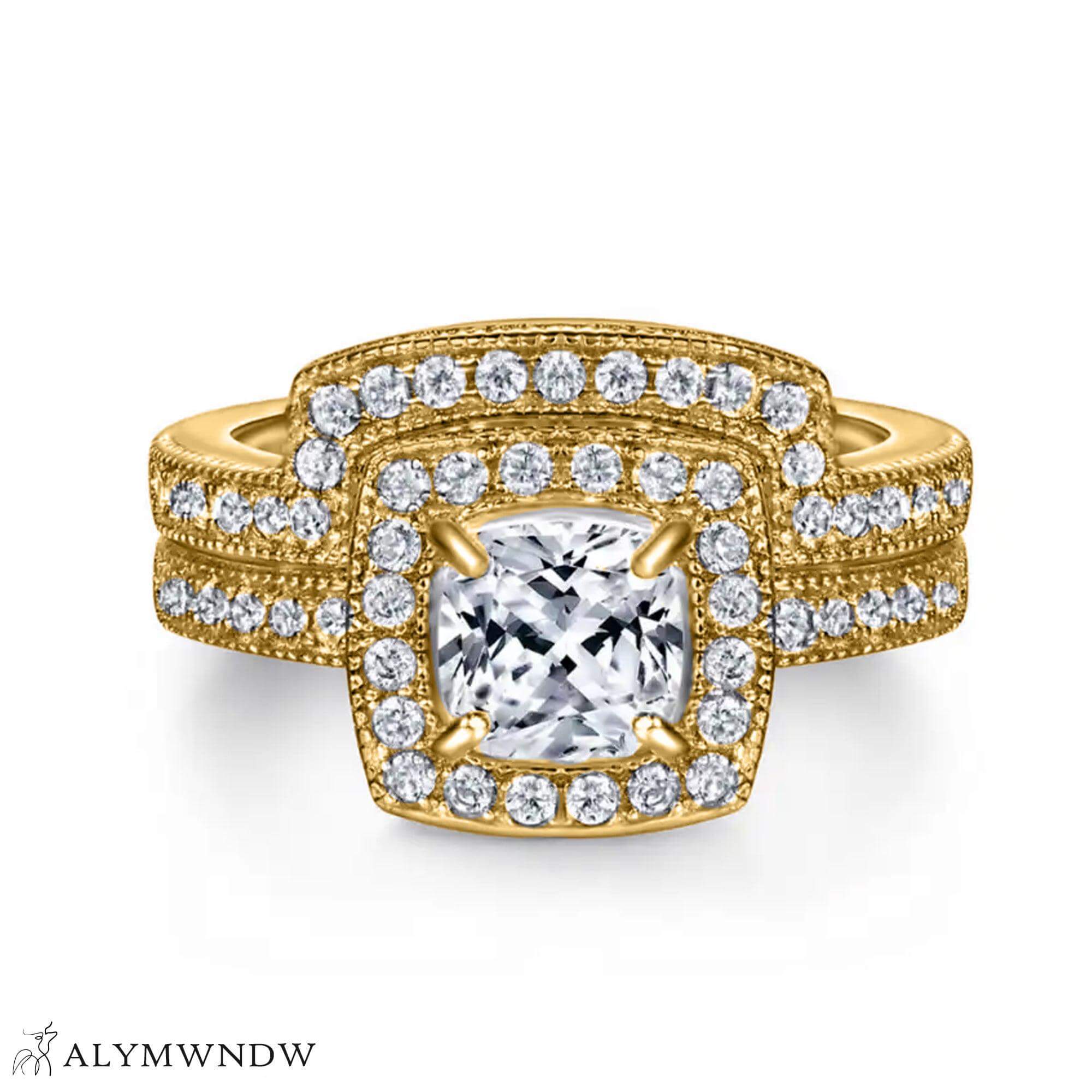 Luxury Double Halo Moissanite Ring Set – Silver, 18K Gold & Platinum Engagement Ring - Alymwndw