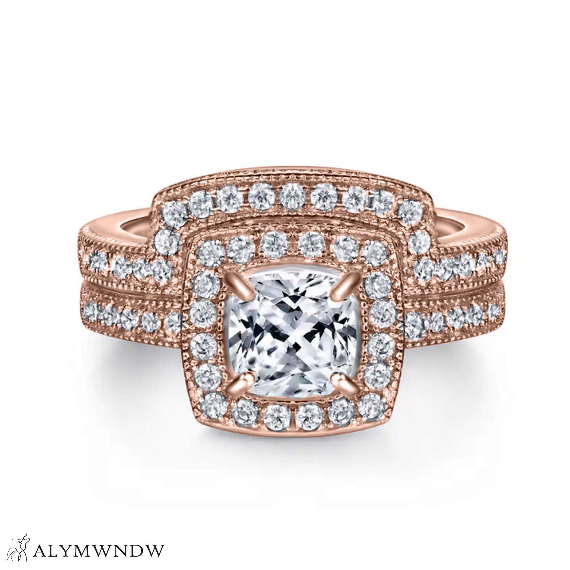 Luxury Double Halo Moissanite Ring Set – Silver, 18K Gold & Platinum Engagement Ring - Alymwndw