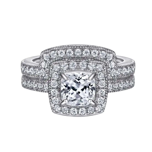 Luxury Double Halo Moissanite Ring Set – Silver, 18K Gold & Platinum Engagement Ring - Alymwndw