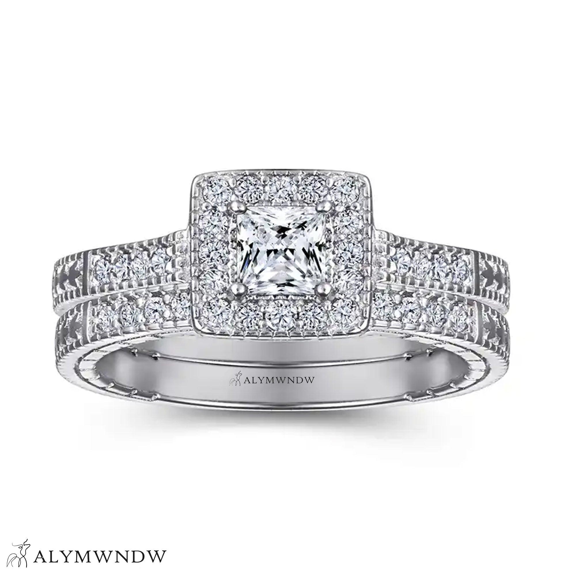 Luxury Halo Diamond Ring Set – Gold, Platinum & Silver - Alymwndw