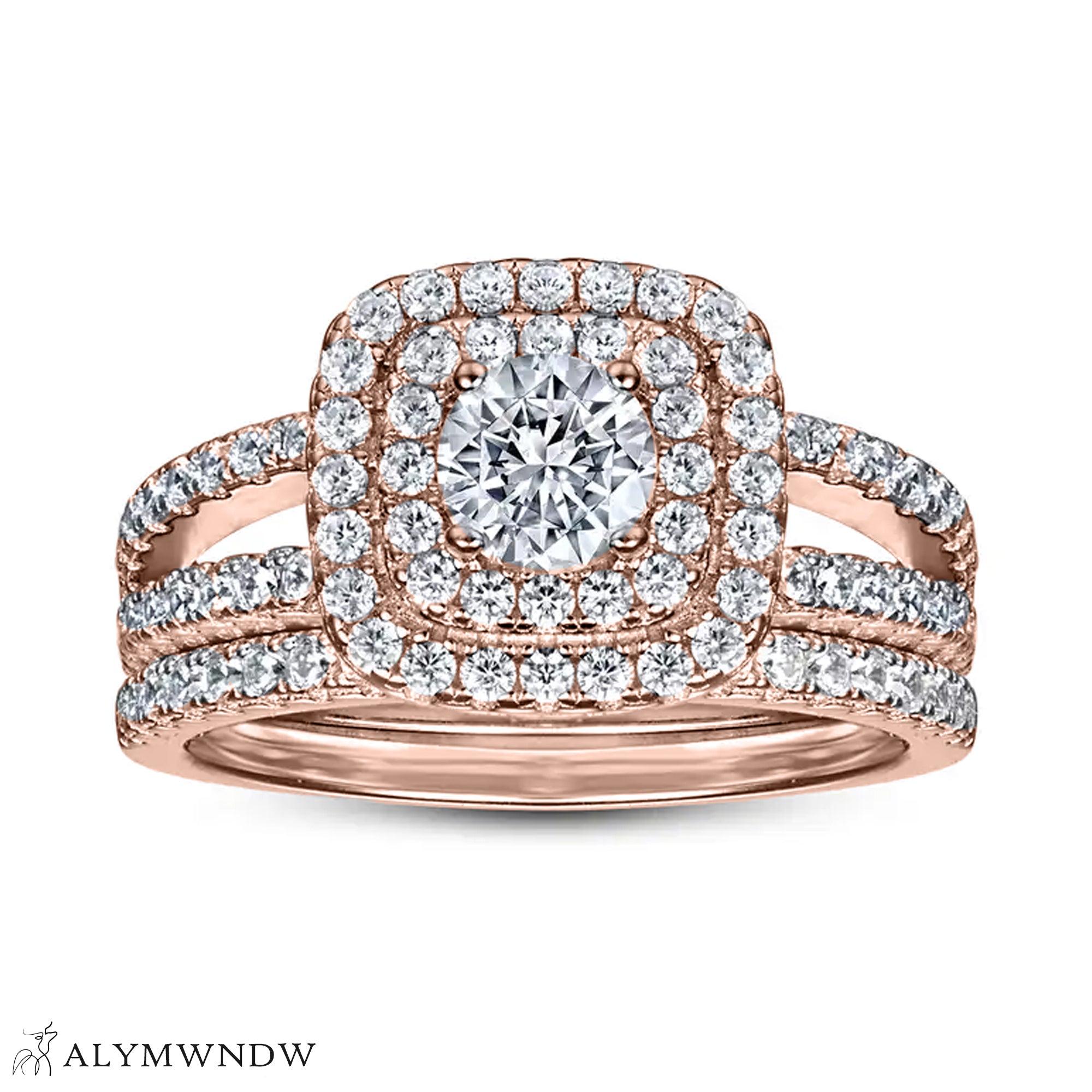 Luxury Halo Engagement Ring Set – 18K Gold, Platinum & Silver (TW027R) - Alymwndw