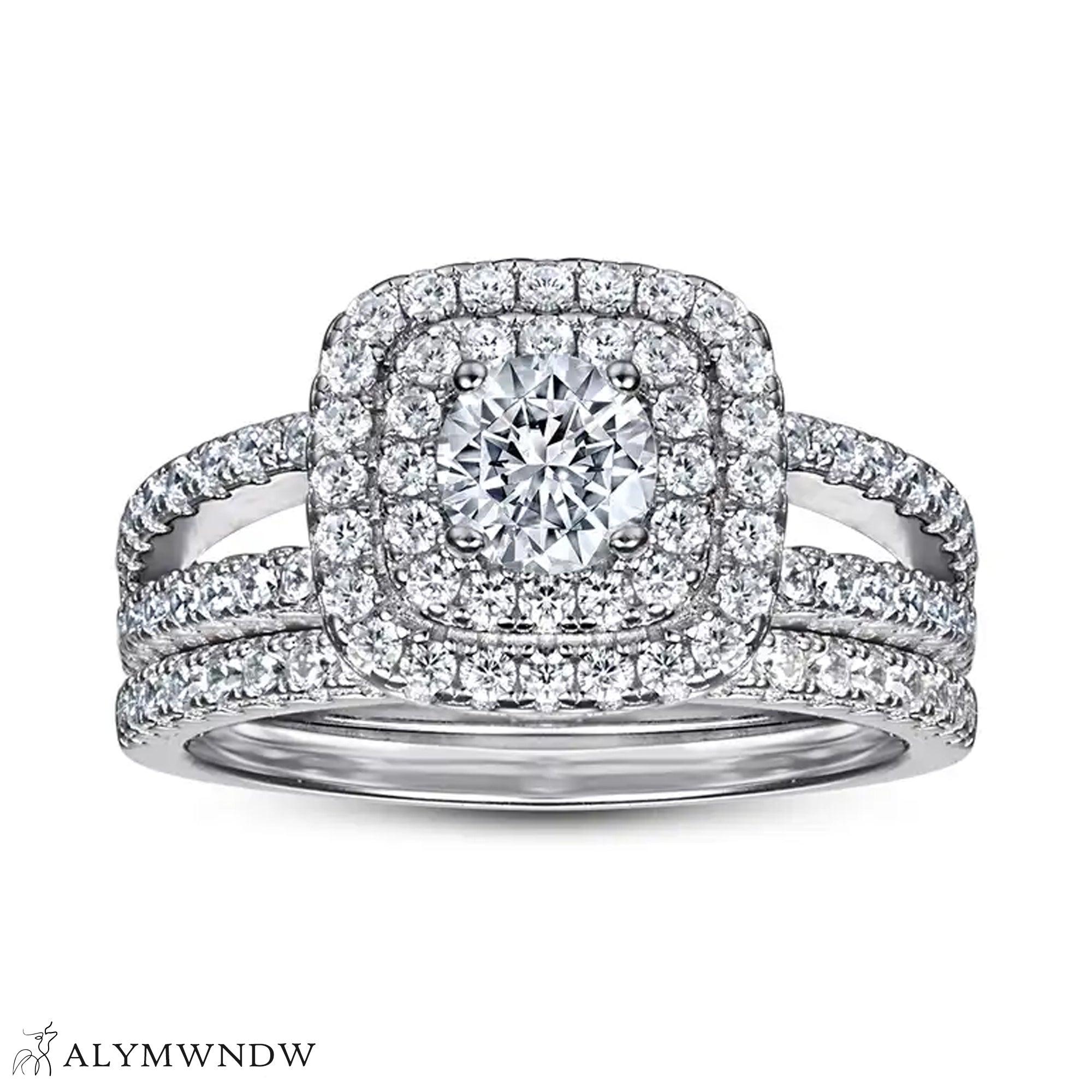 Luxury Halo Engagement Ring Set – 18K Gold, Platinum & Silver (TW027R) - Alymwndw