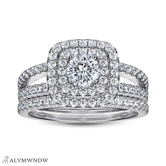 Luxury Halo Engagement Ring Set – 18K Gold, Platinum & Silver (TW027R) - Alymwndw