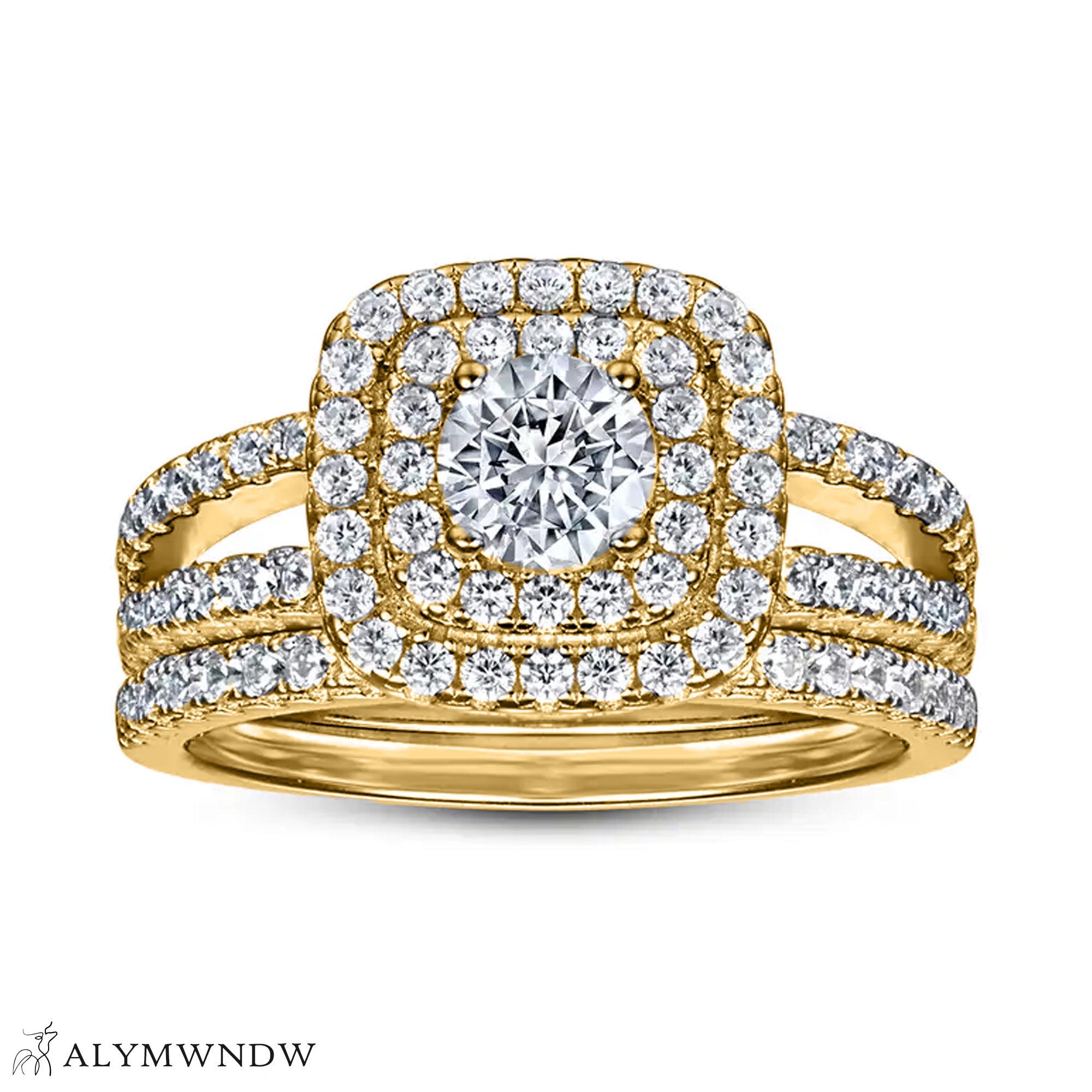 Luxury Halo Engagement Ring Set – 18K Gold, Platinum & Silver (TW027R) - Alymwndw