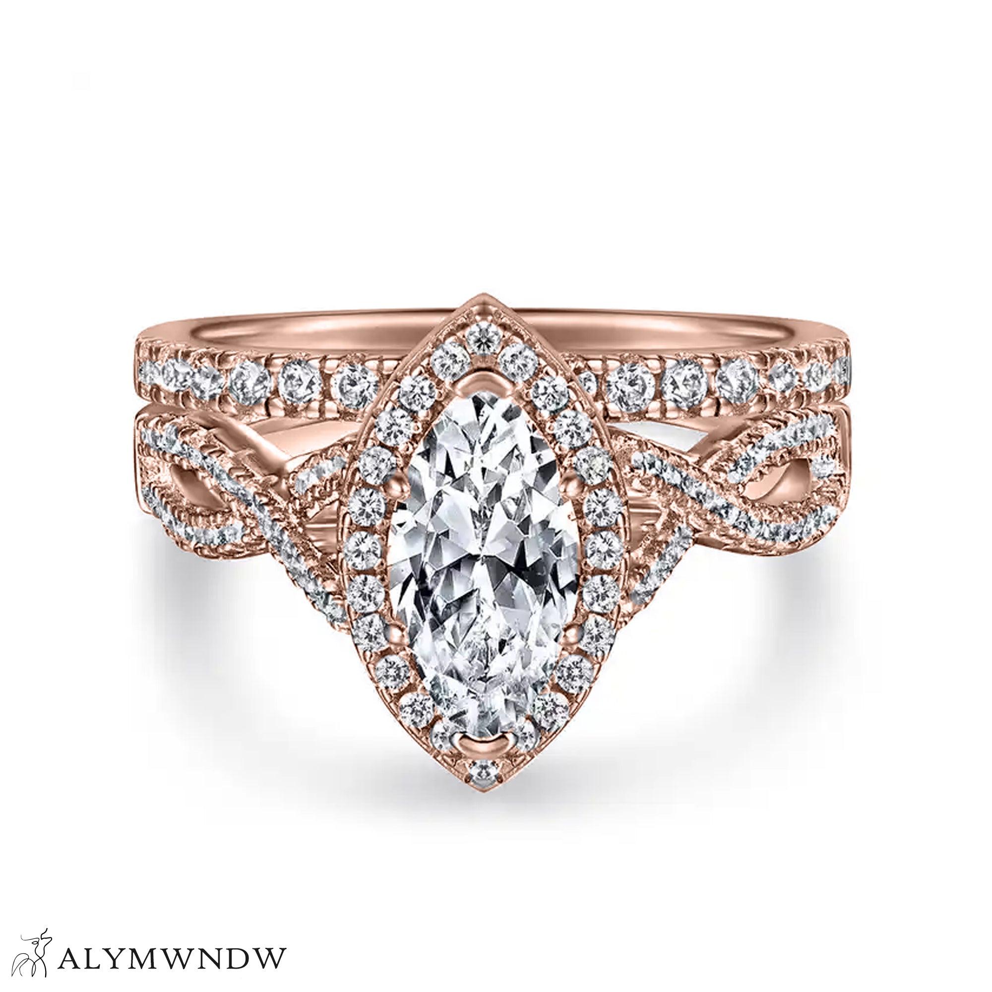 Luxury Marquise Engagement Ring Set – Gold, Platinum & Silver - Alymwndw