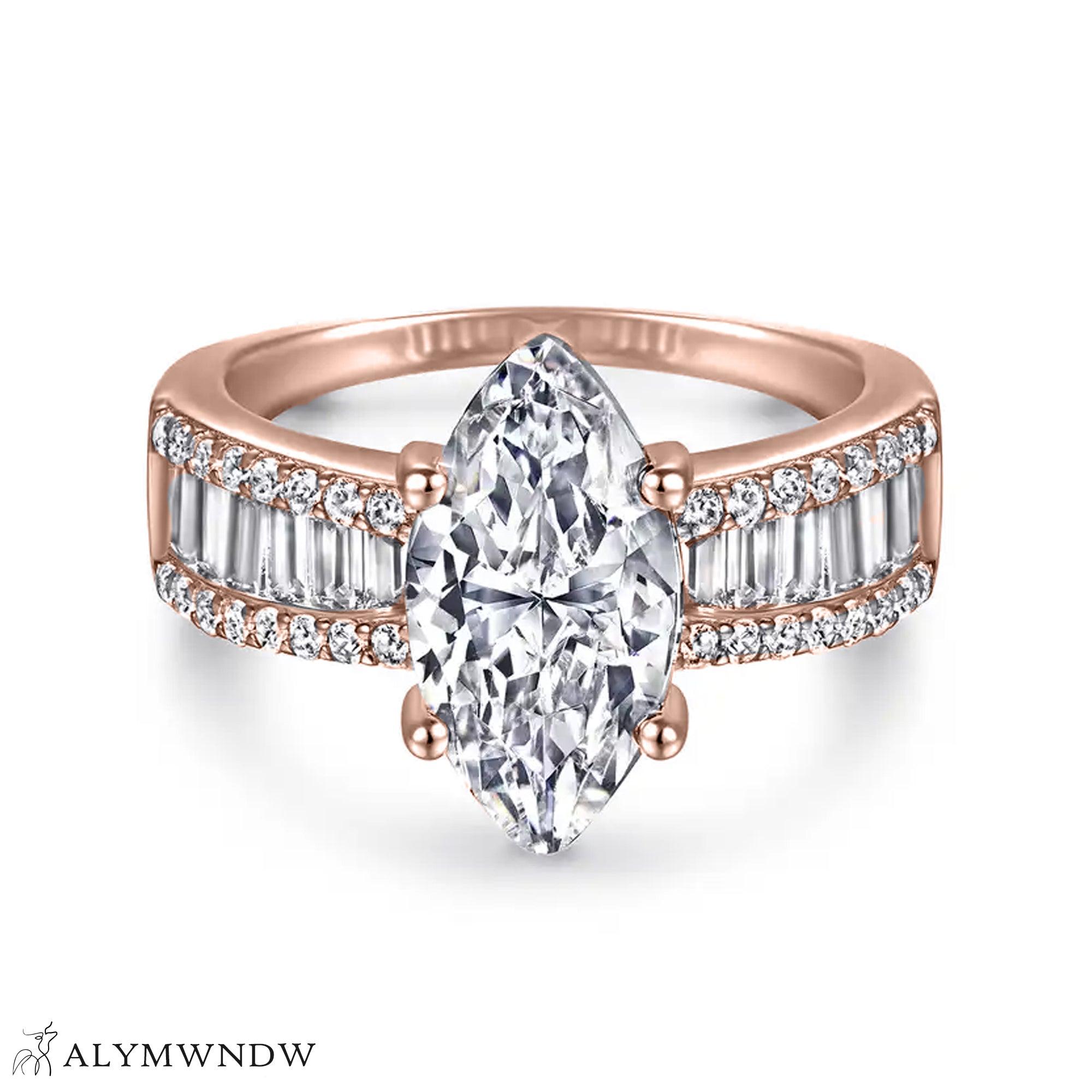 Marquise Engagement Ring – Baguette Band Luxury Design - Alymwndw