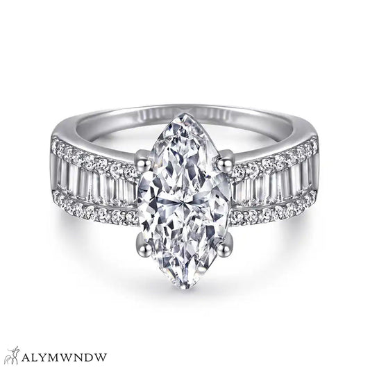 Marquise Engagement Ring – Baguette Band Luxury Design - Alymwndw