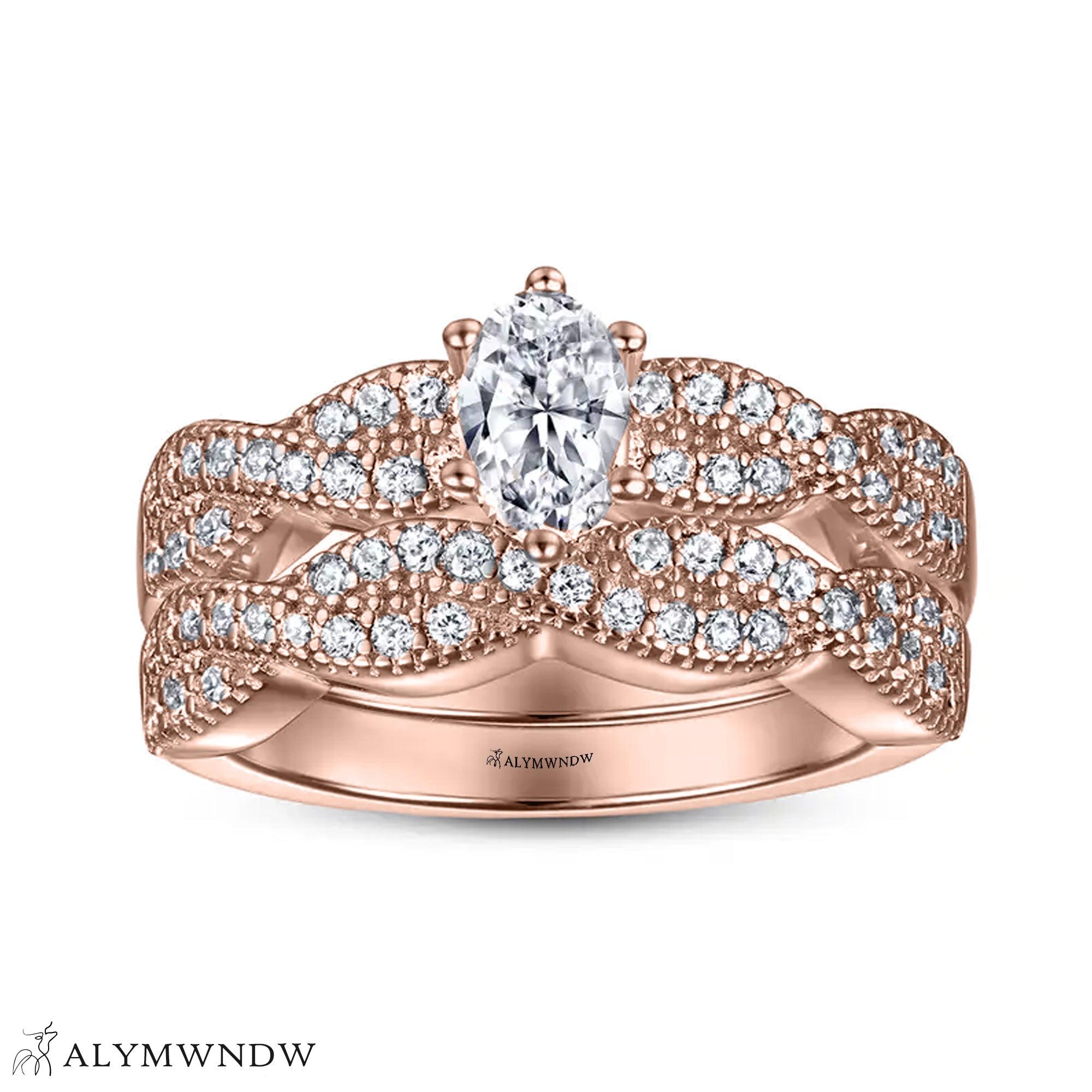 Marquise Engagement Ring Set – Twisted Crown Vintage Design - Alymwndw