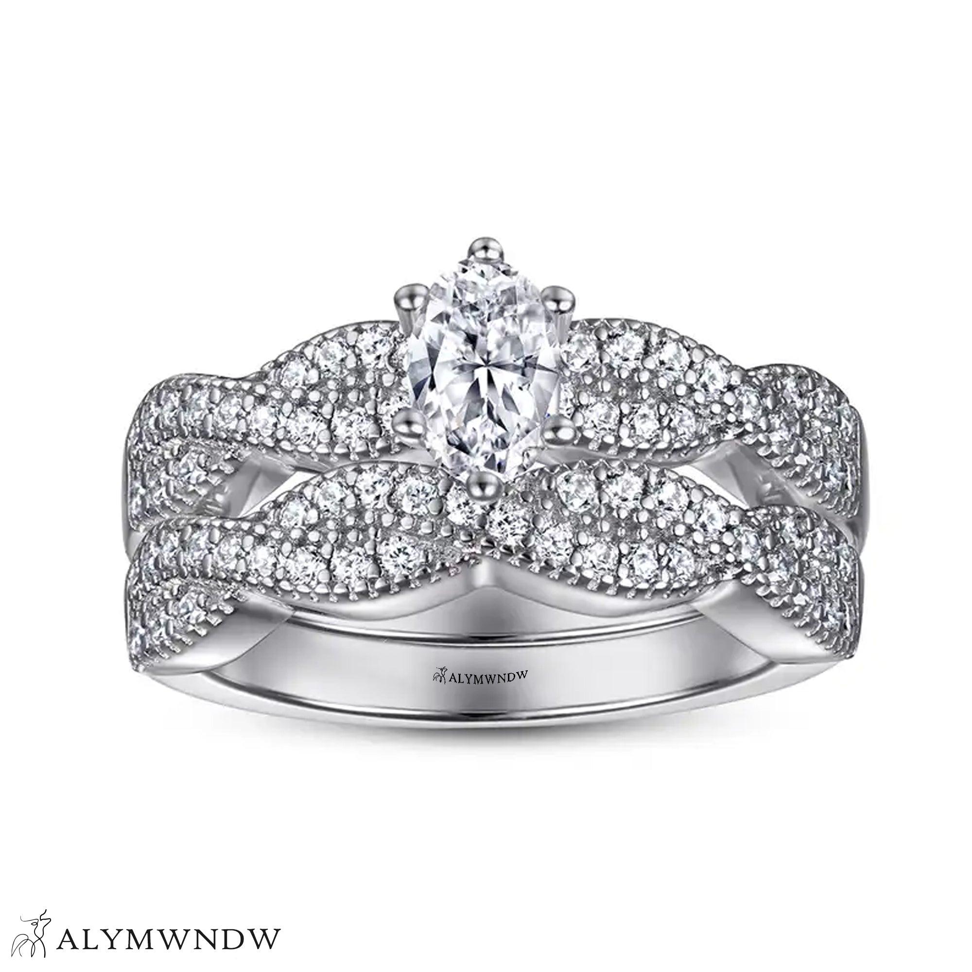 Marquise Engagement Ring Set – Twisted Crown Vintage Design - Alymwndw