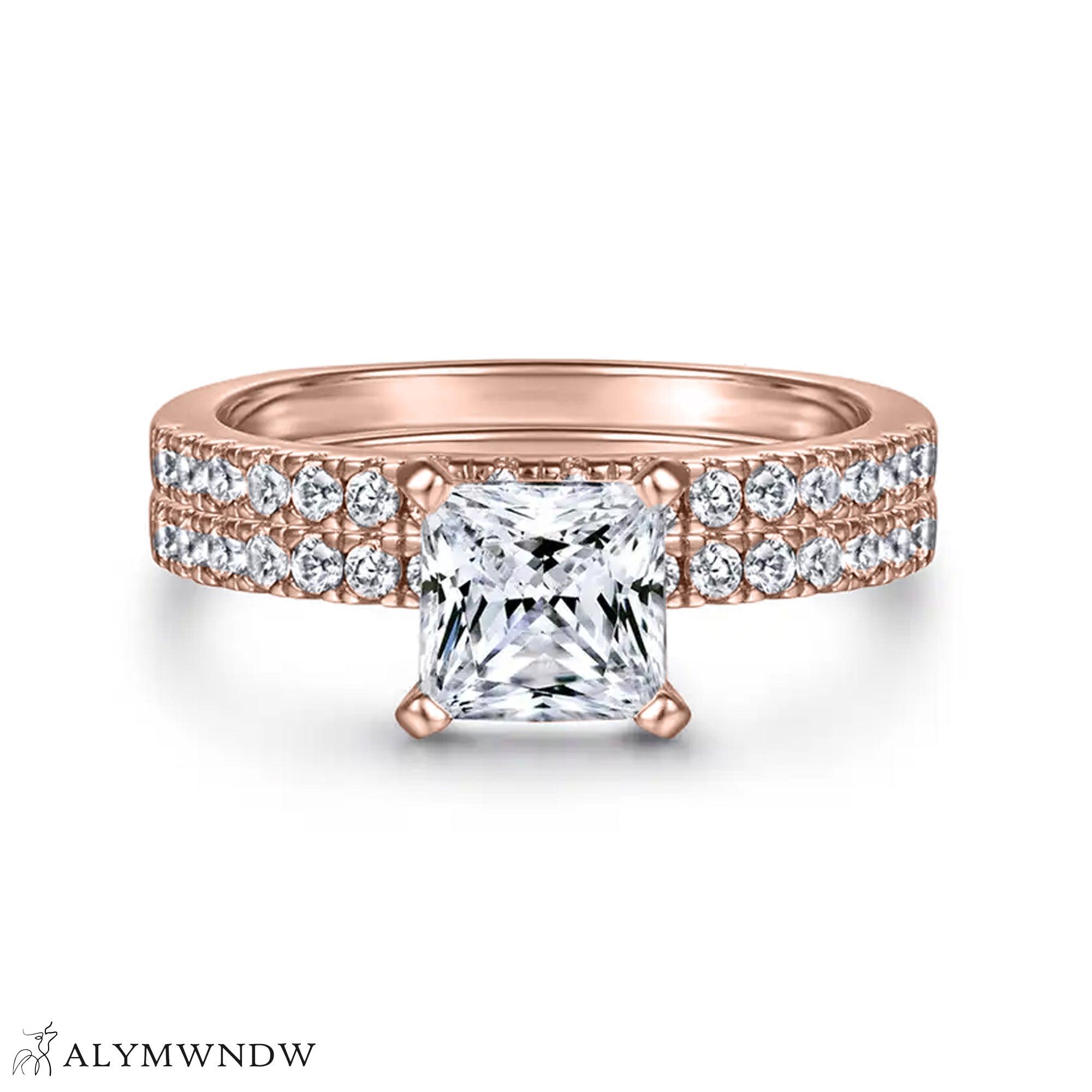 Modern Square Diamond Ring Set – Gold, Platinum & Silver - Alymwndw