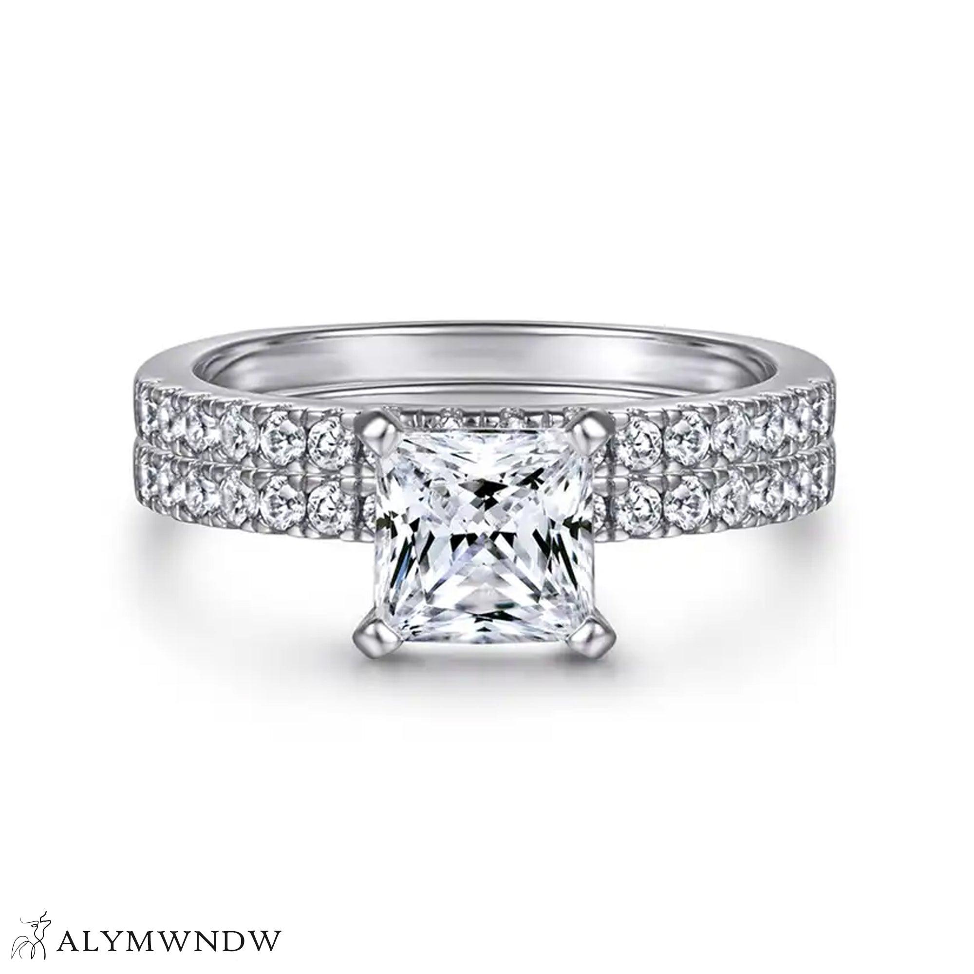Modern Square Diamond Ring Set – Gold, Platinum & Silver - Alymwndw