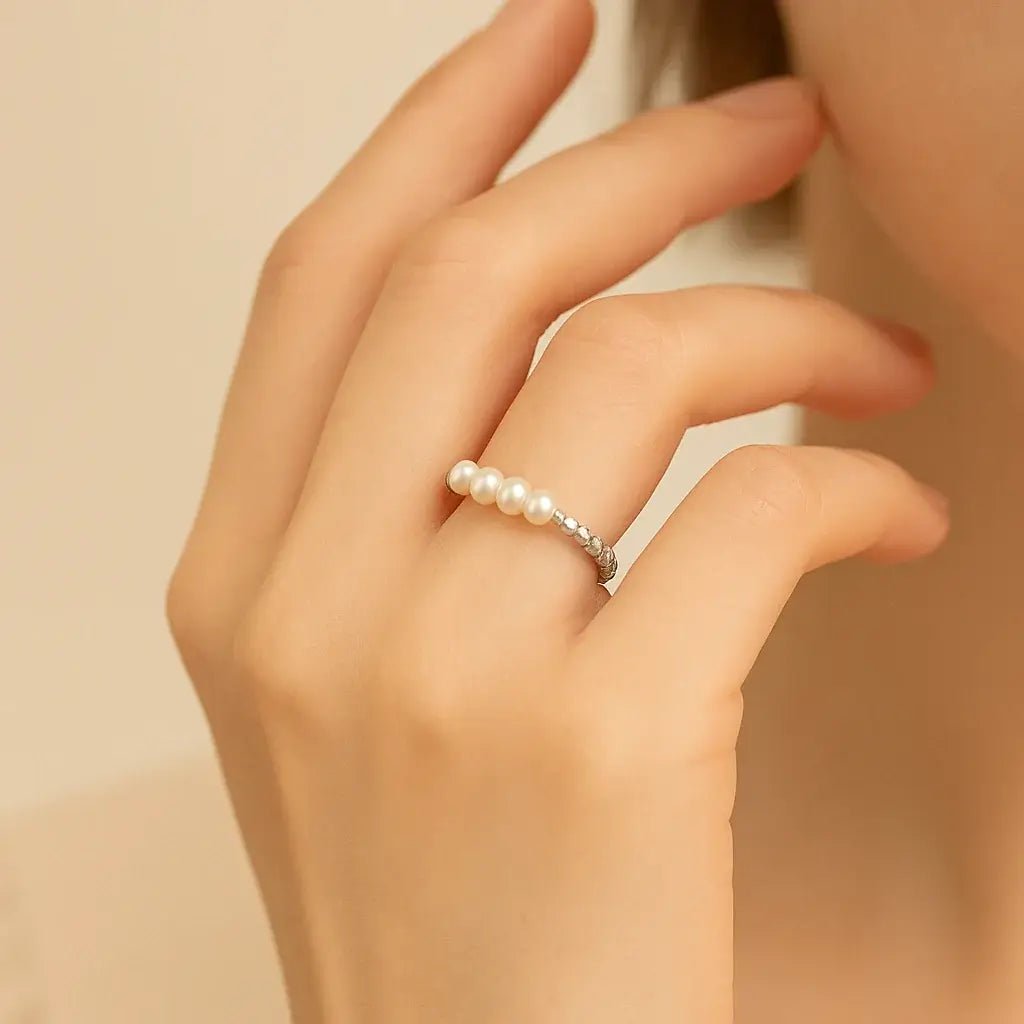 Pearl Bead Halo Ring – 925 Silver Cultured Pearl with Beaded Details - Alymwndw